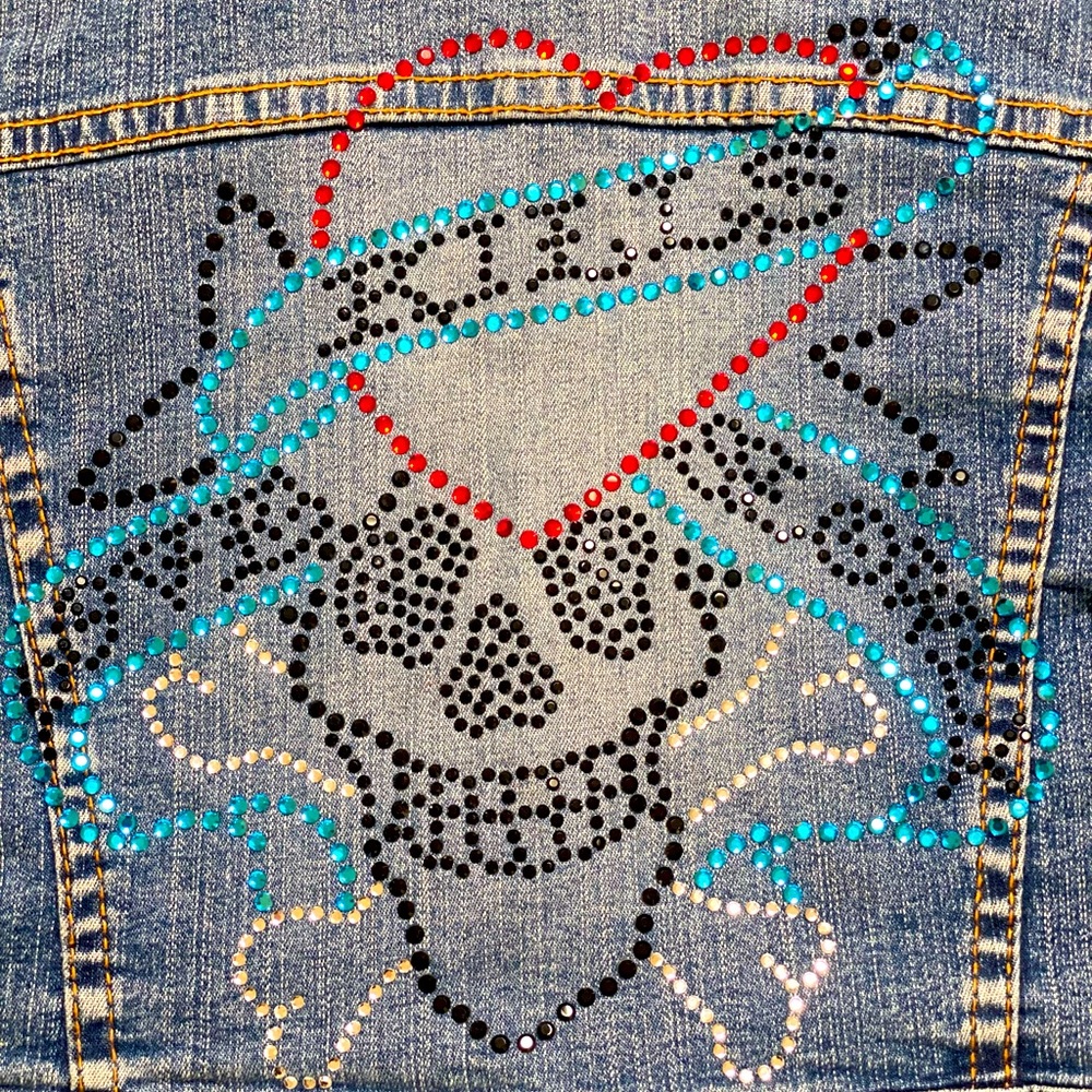 GO Jean crop jacket with black, red, blue &white skull sparkle